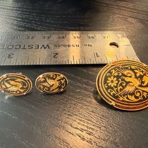 Damascene Vintage Gold and Black Brooch and Earring Set
